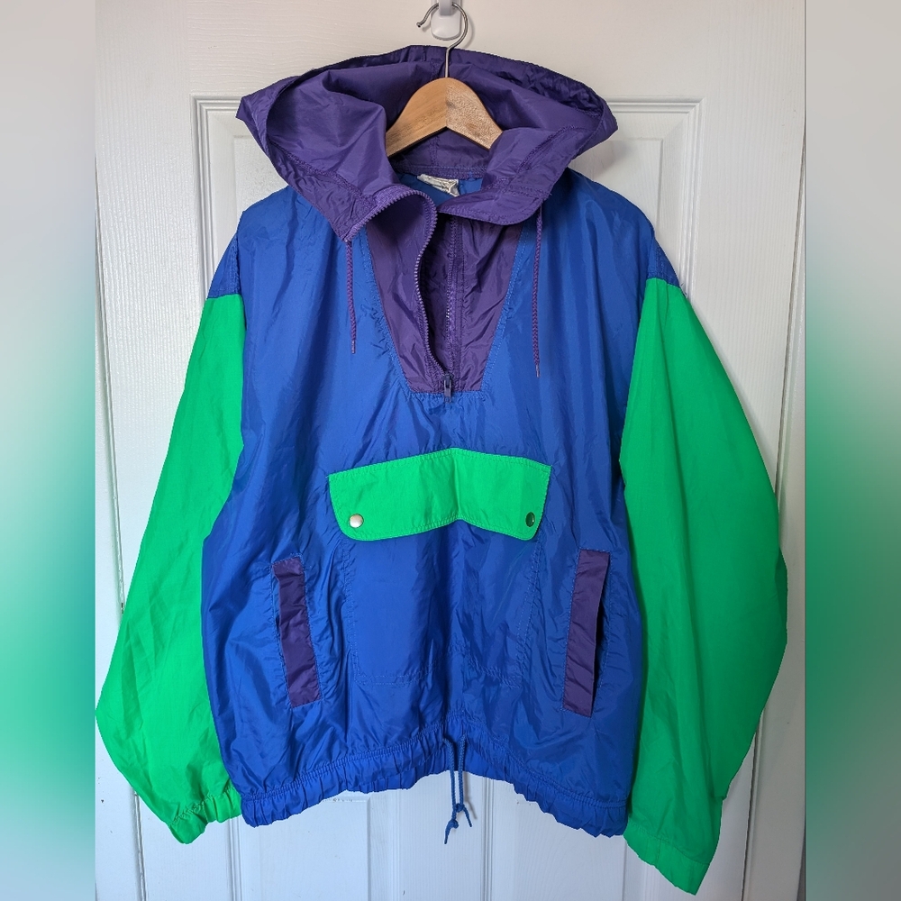 Vintage Badge Windbreaker, Neon Green, Blue, & Purple Hooded Half- Zip, Size L - Picture 5 of 14